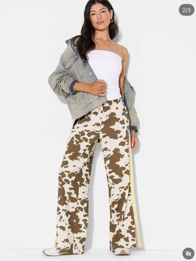 Grayson Threads Wide Leg Cowprint Jogging Pants in Brown & White
